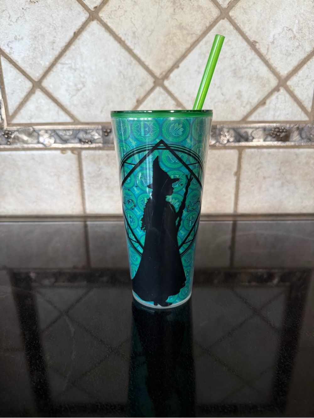 Green Patterned Elphaba Tumbler with Black Silhouette and Straw